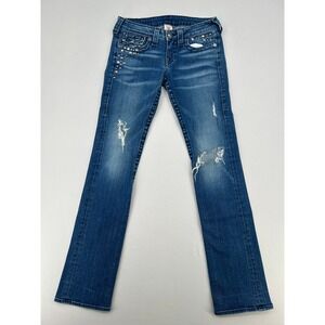 True Religion Joey Studded Distressed Low Rise Flare Jeans Blue Womens 28 USA